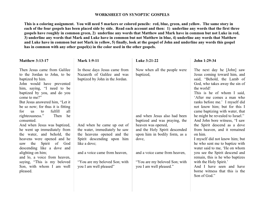 Worksheet on Synoptic Gospels