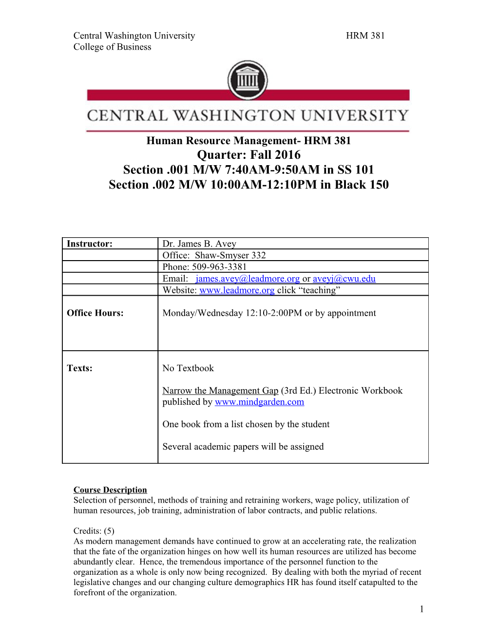 Central Washington University HRM 381
