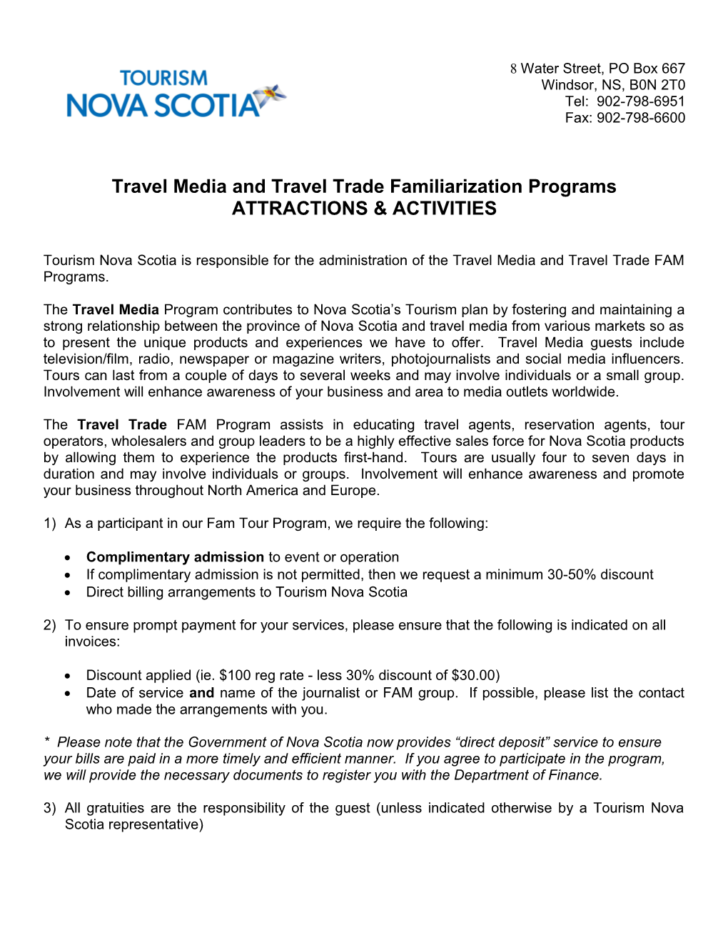 Travel Media and Travel Trade Familiarization Programs