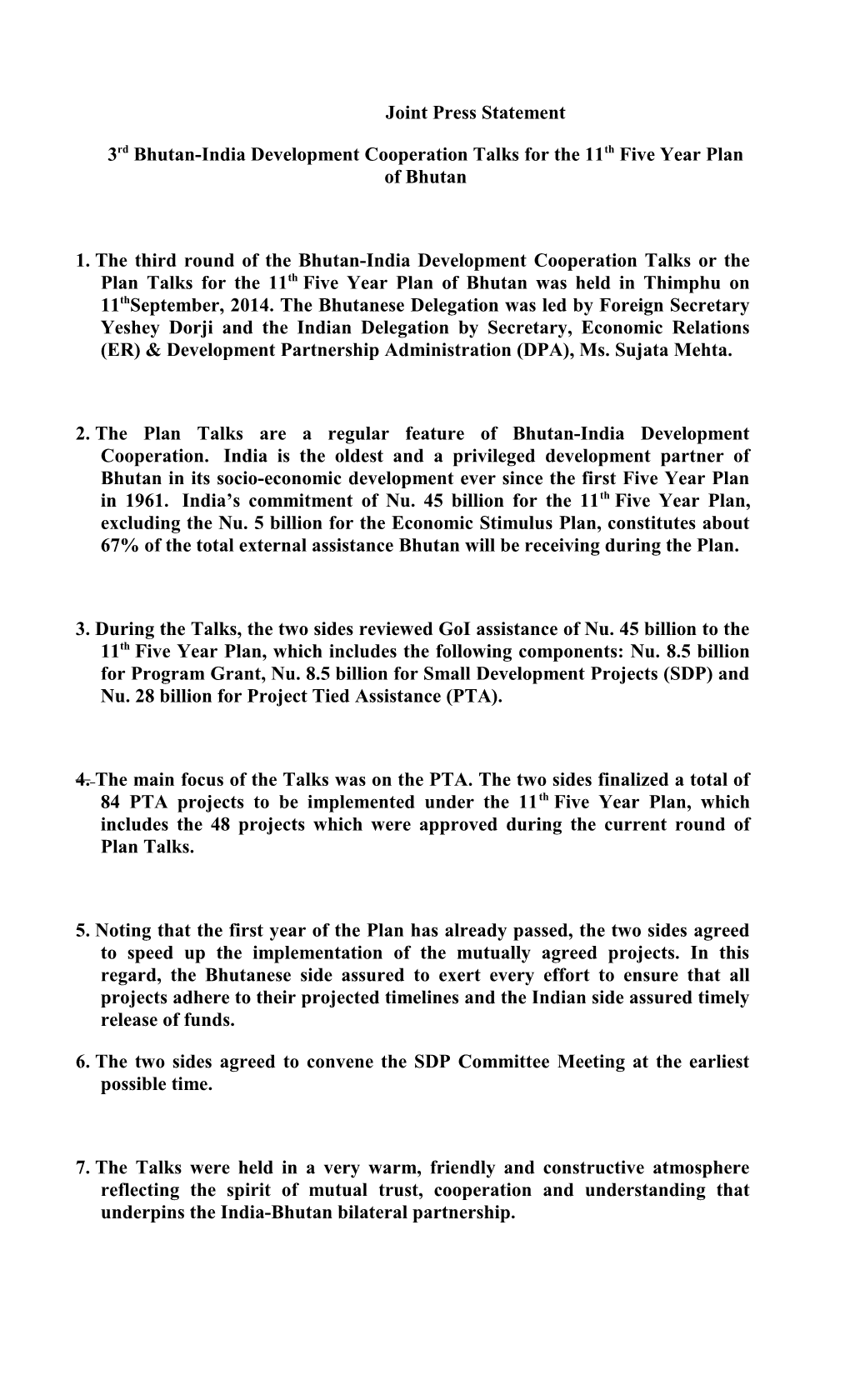 3Rdbhutan-India Development Cooperation Talks for the 11Thfive Year Plan of Bhutan