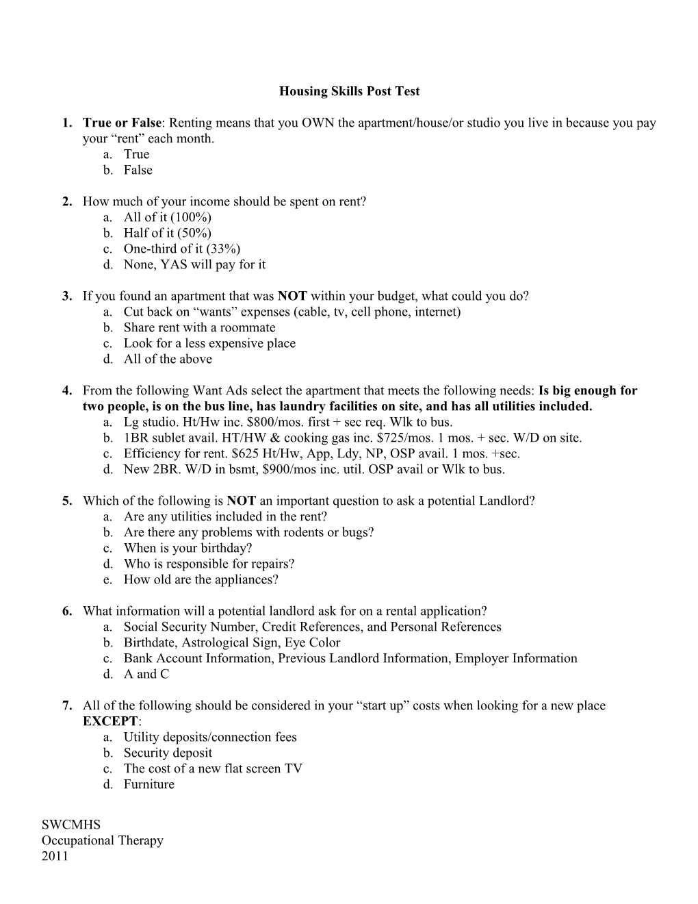 Housing Skills Pre/Post Test