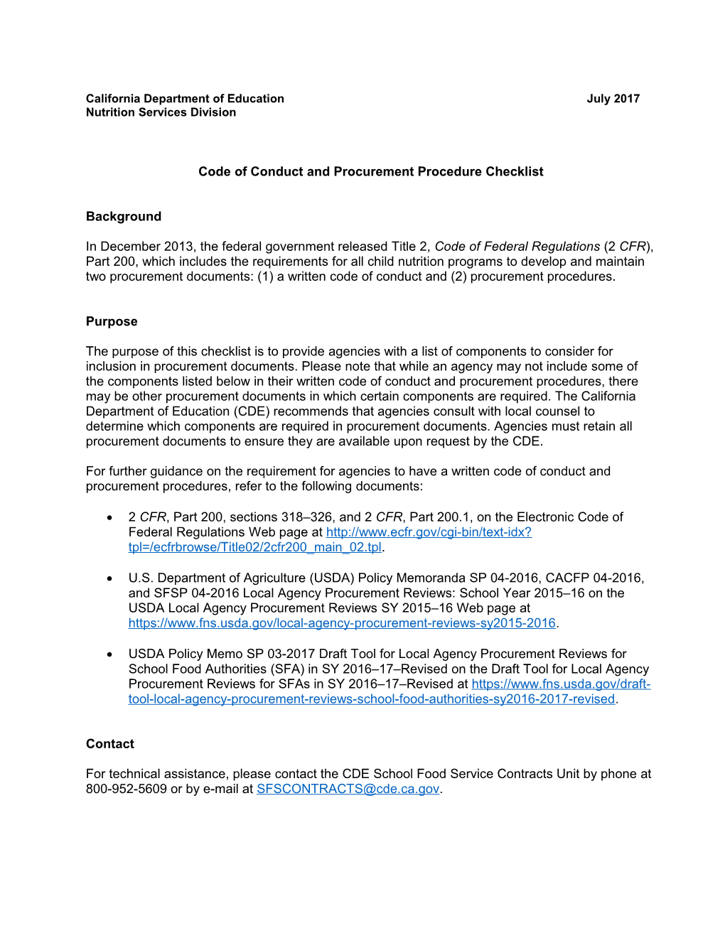Procurement Procedures Checklist - Procurement in Child Nutrition Programs (CA Dept Of
