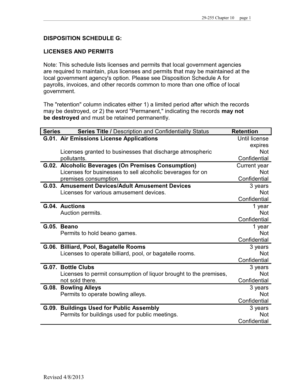 Disposition Schedule G