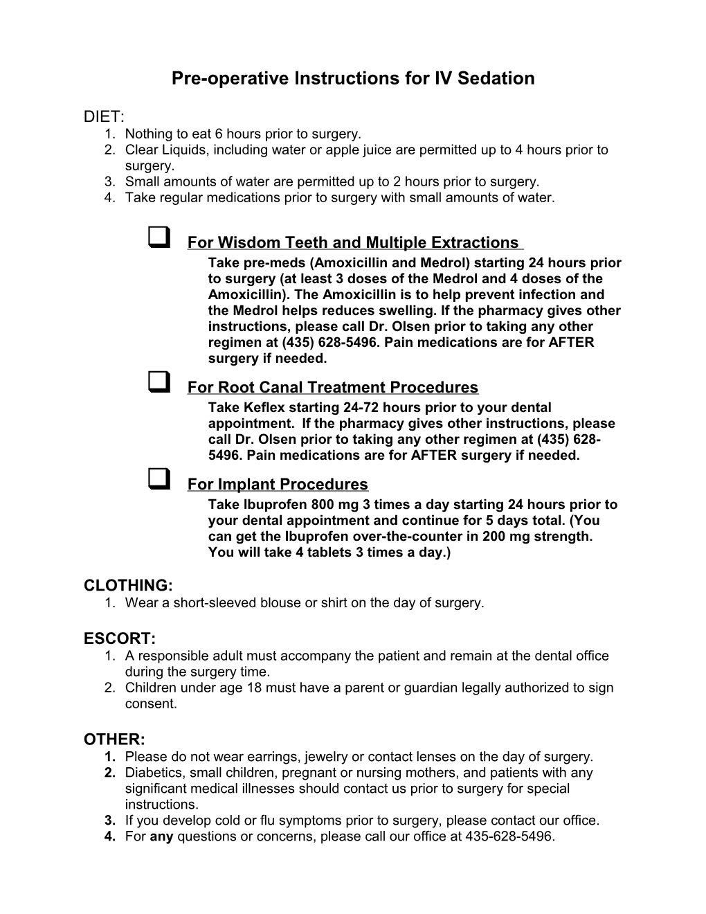 Pre-Operative Instructions for IV Sedation