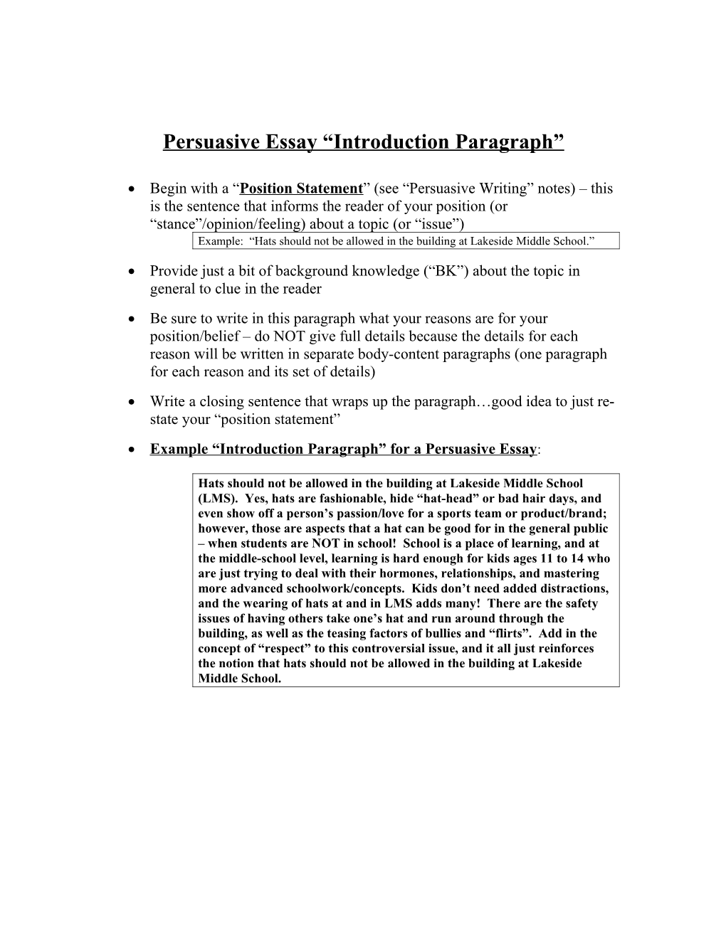 Persuasive Essay “Introduction Paragraph”