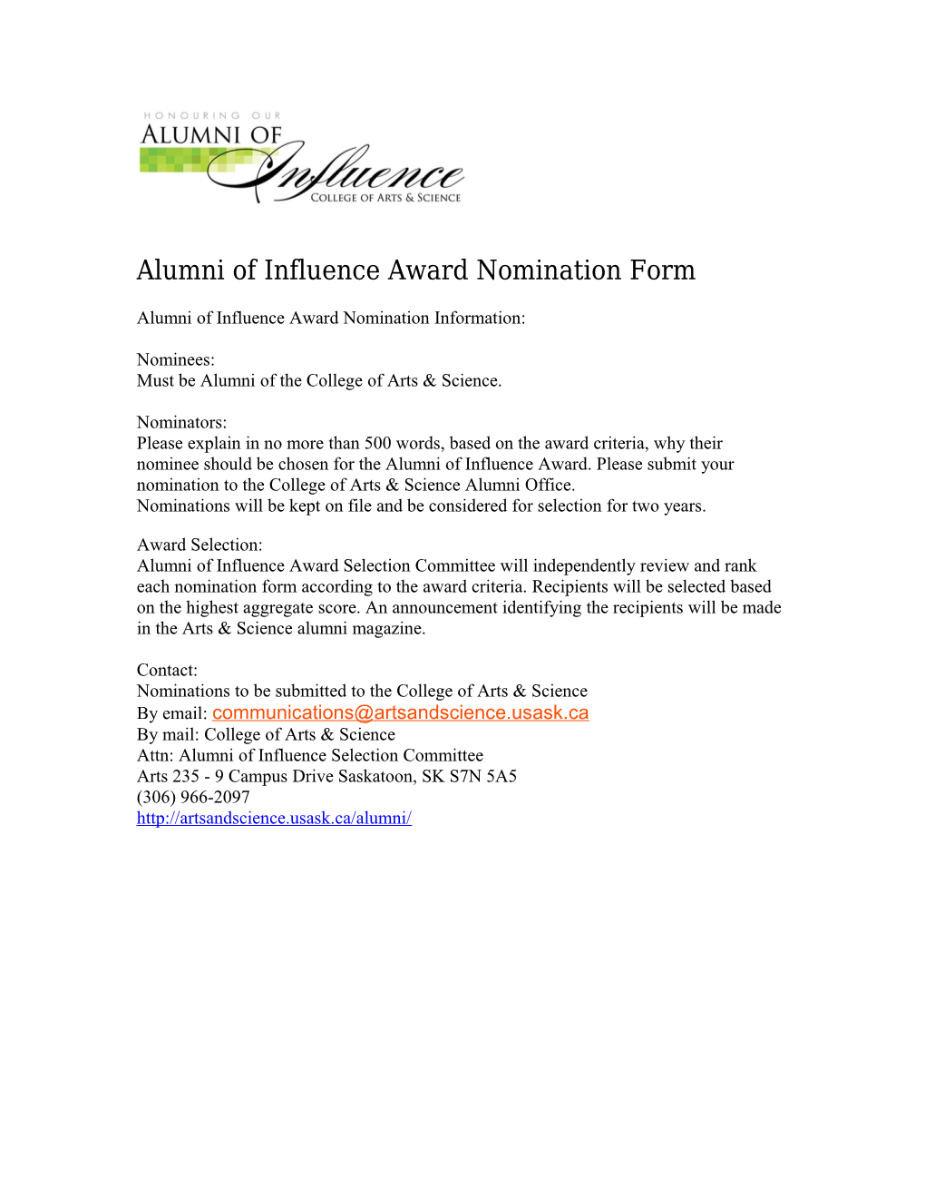 Alumni of Influence Award Nomination Form