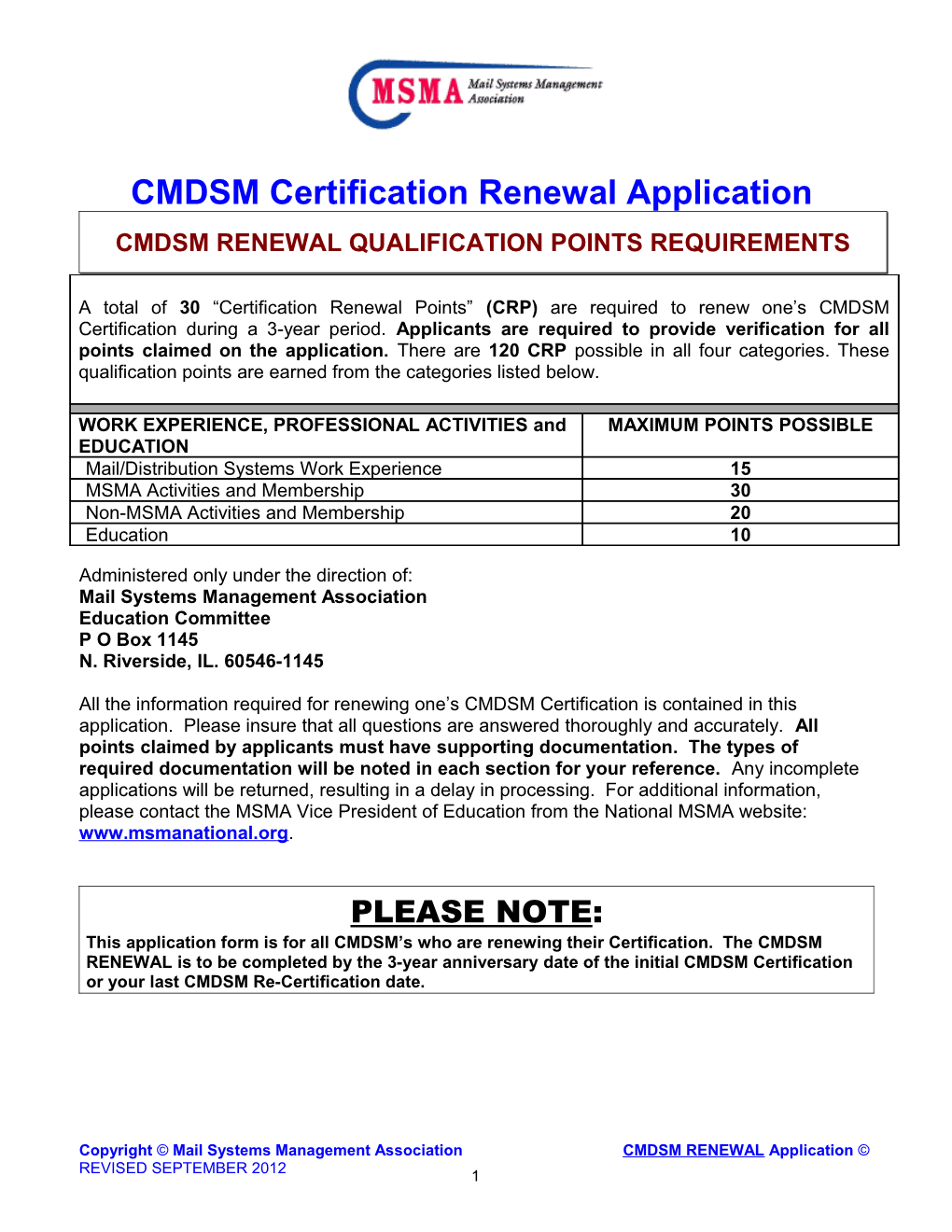 CMDSM Certification Renewal Application