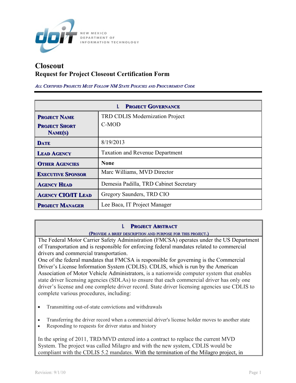 Request for Project Closeout Certification Form s2