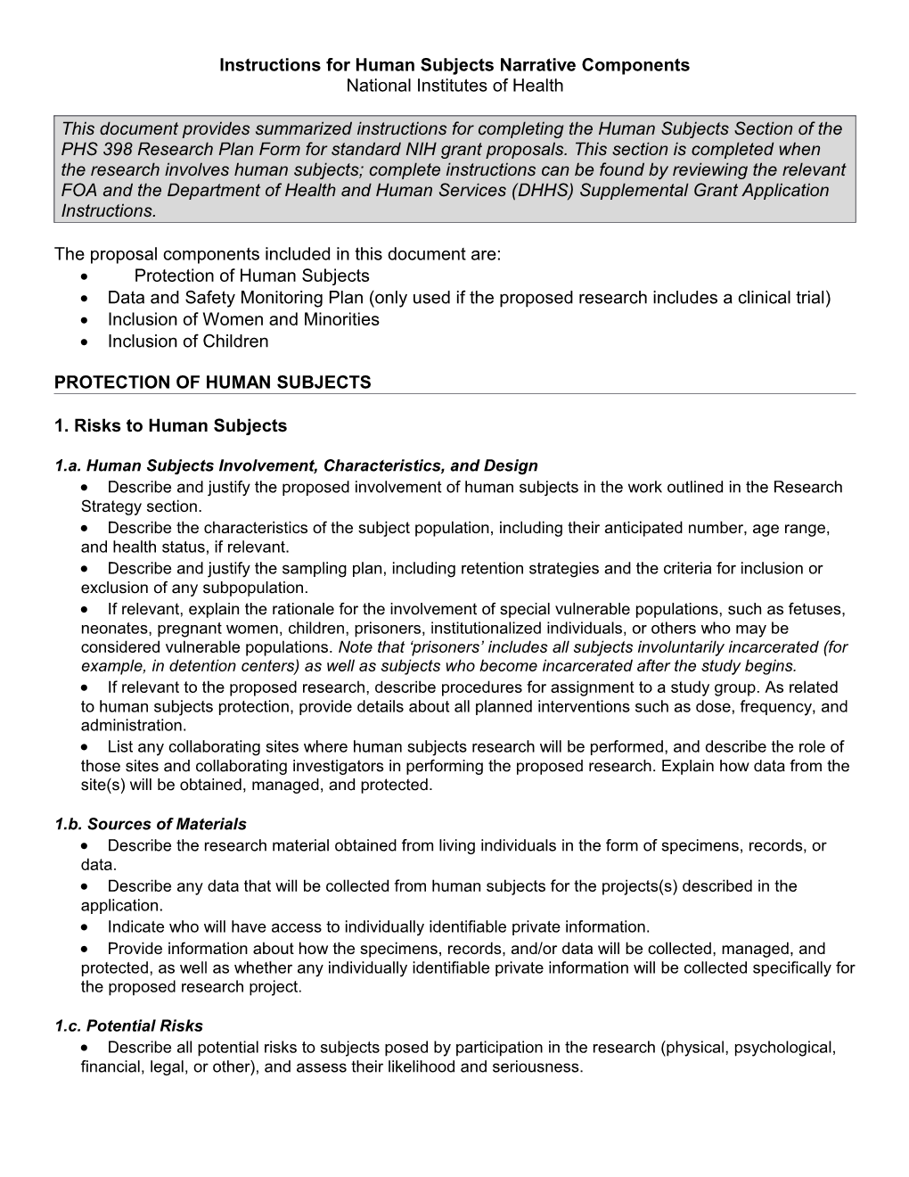 Instructions for Human Subjects Narrative Components