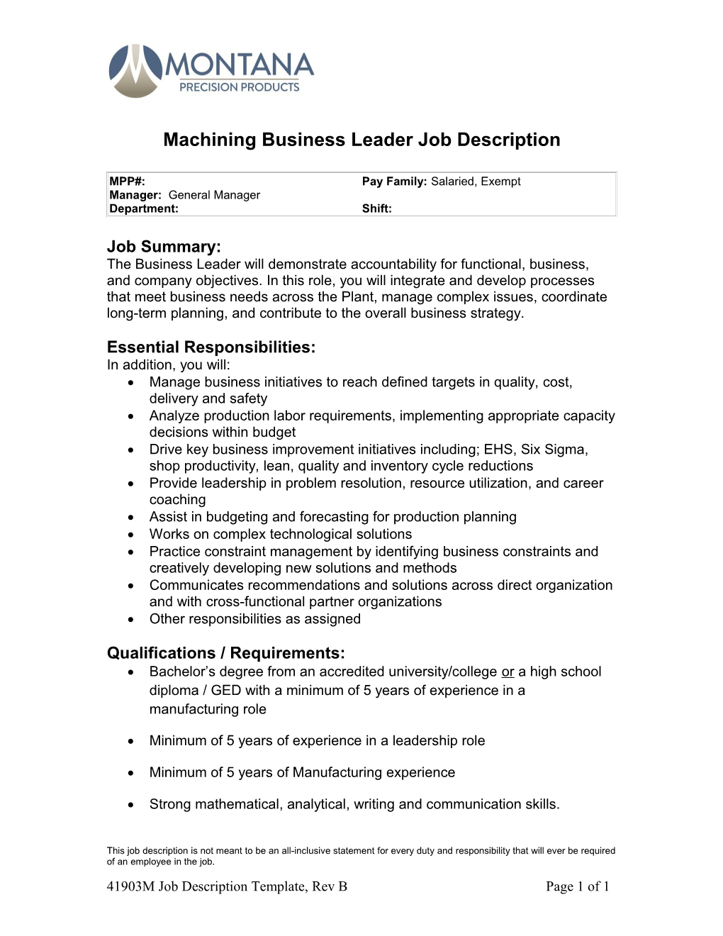 Machining Business Leader Job Description