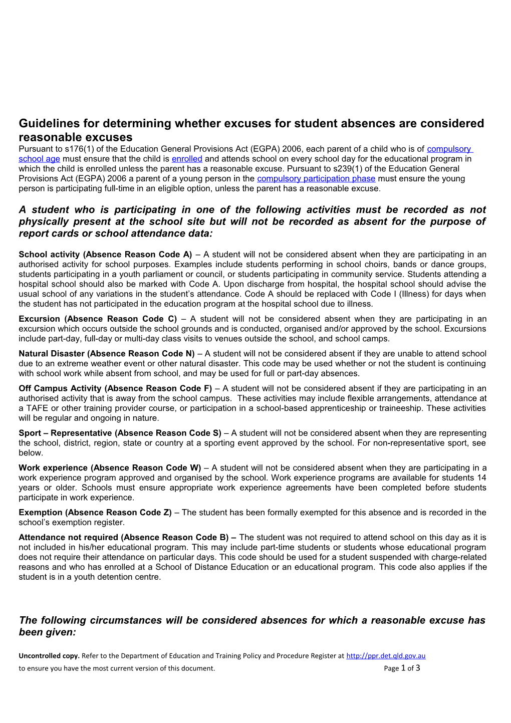 Guidelines for Determining Whether Excuses for Student Absences Are Considered Reasonable