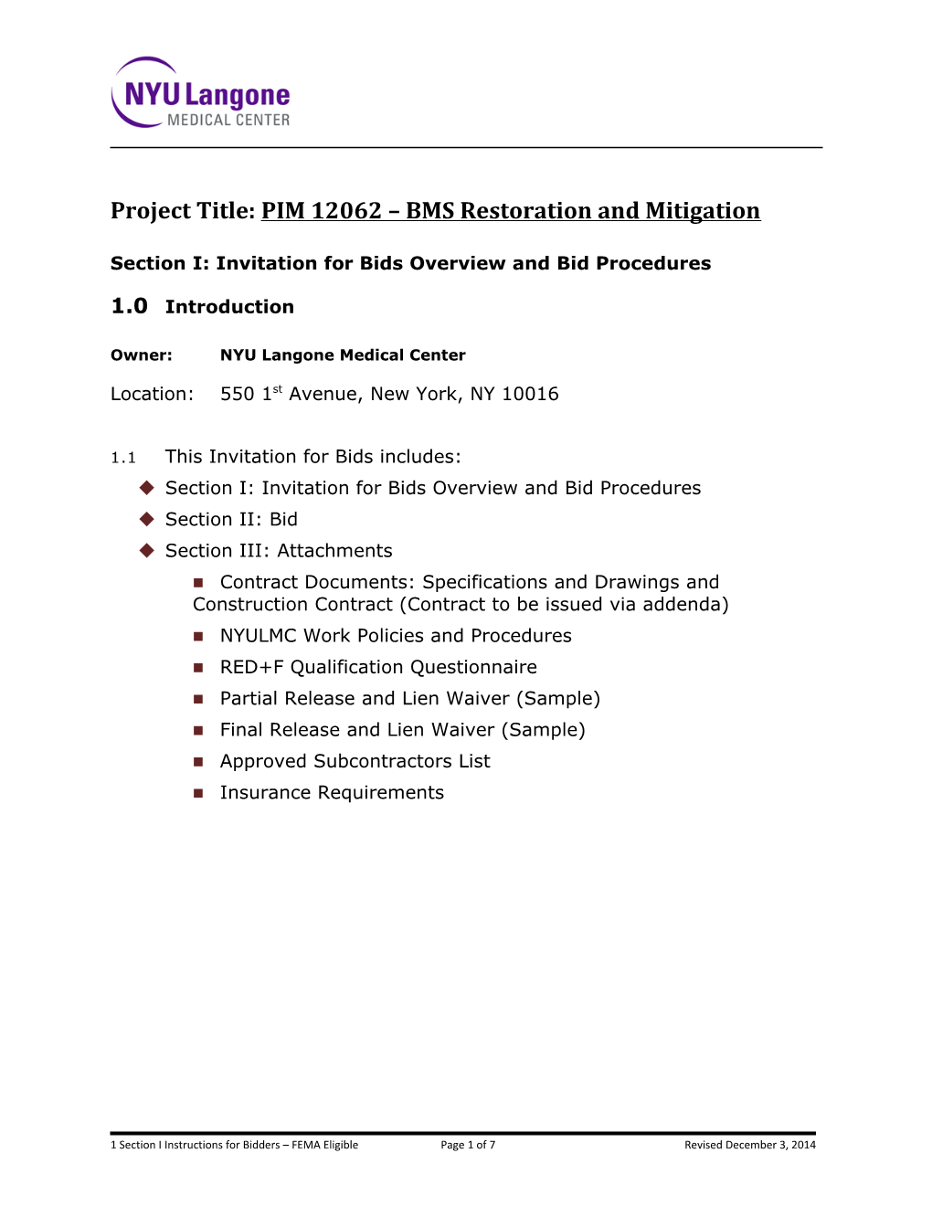 Project Title: PIM 12062 BMS Restoration and Mitigation