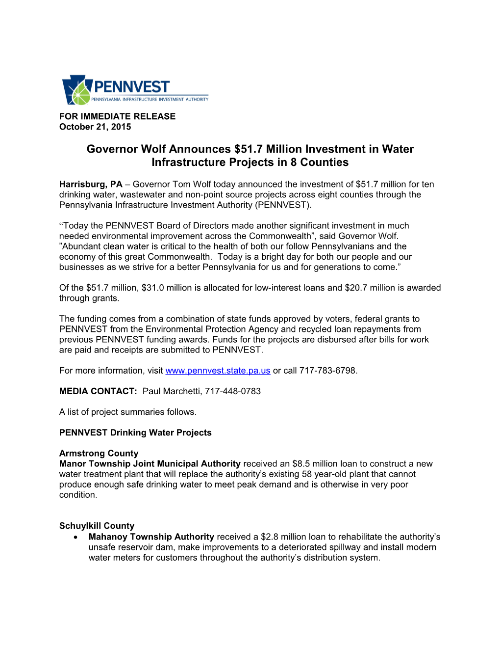 Governor Corbett Announces $84 Million Investment in Water Infrastructure Projects in 9 Counties