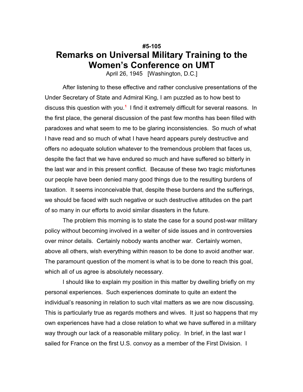 Remarks on Universal Military Training to the Women S Conference on UMT