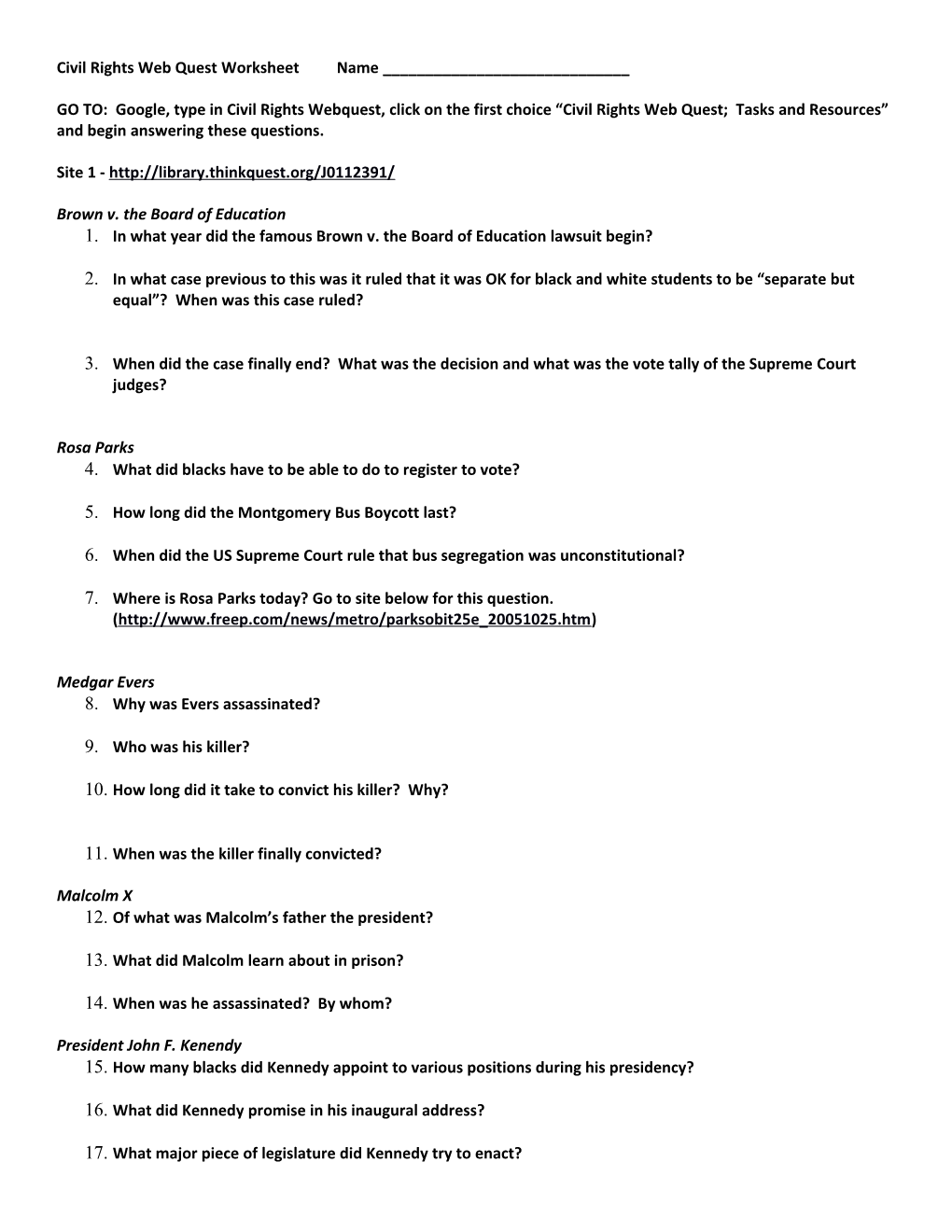 Civil Rights Web Quest Worksheet Name ______