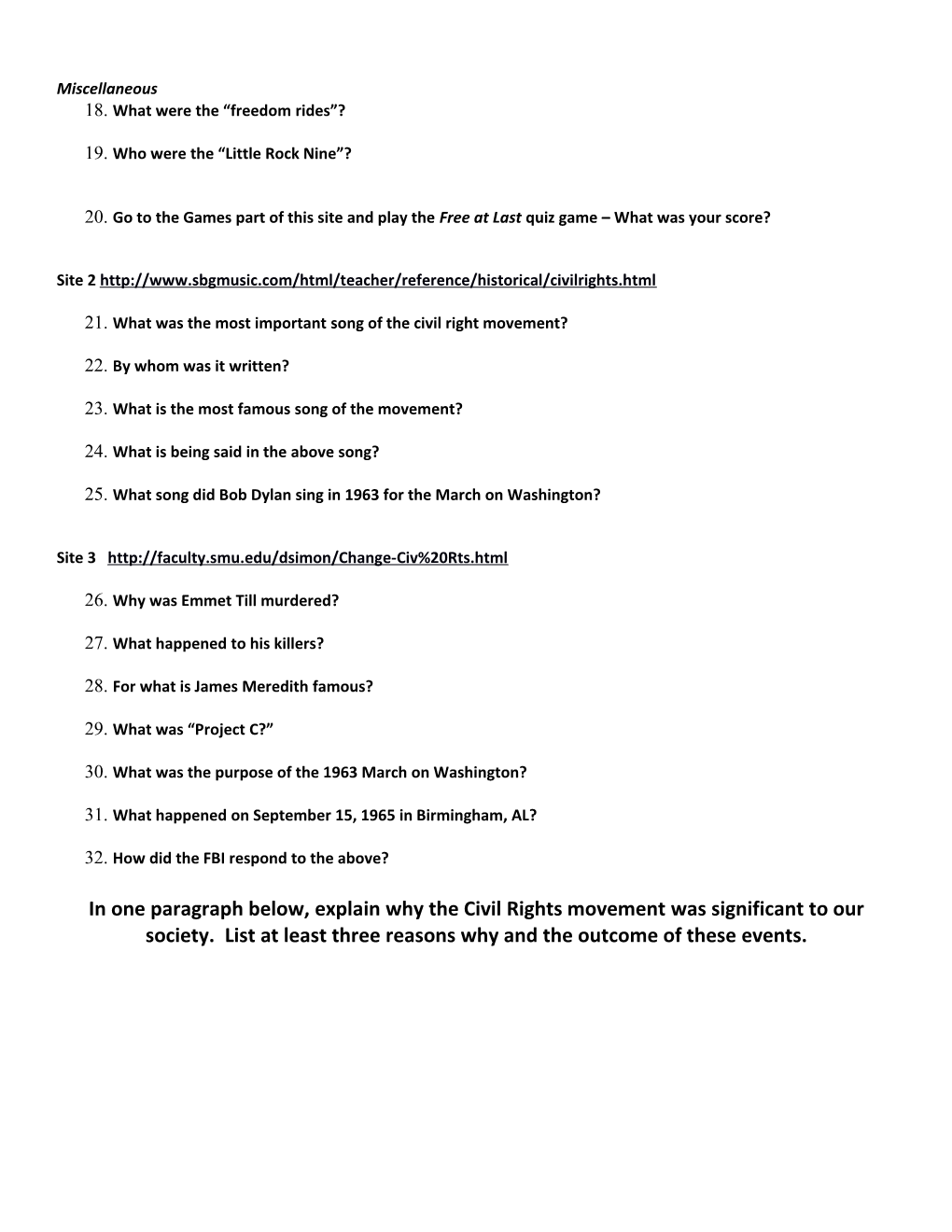 Civil Rights Web Quest Worksheet Name ______