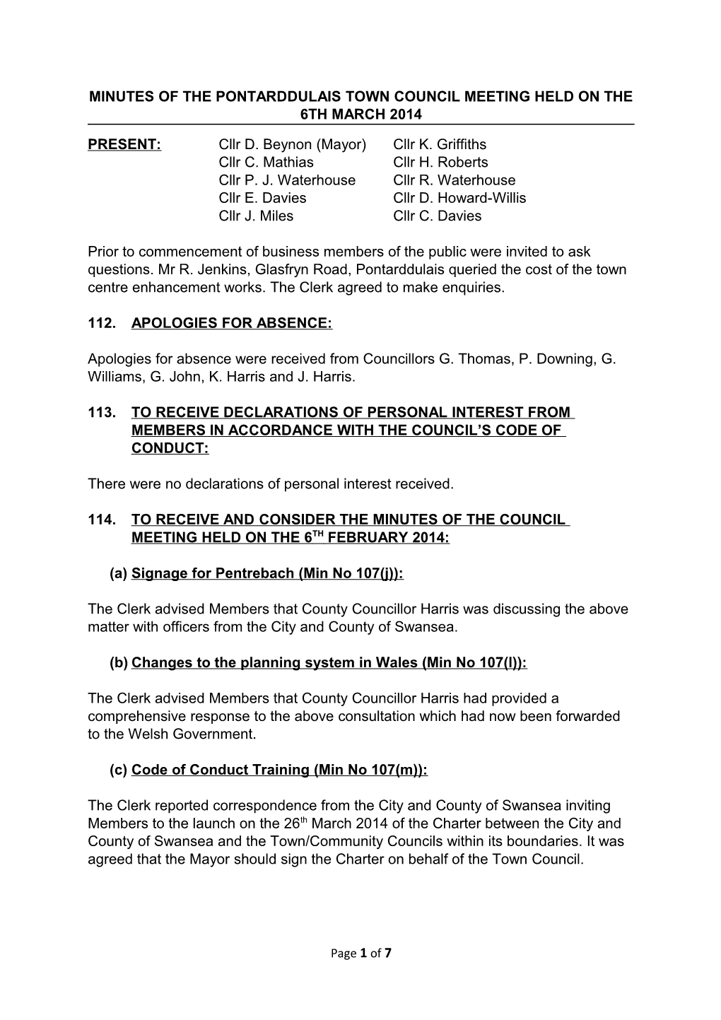 Minutes of the Pontarddulais Town Council Meeting Held on the 6Th March 2014