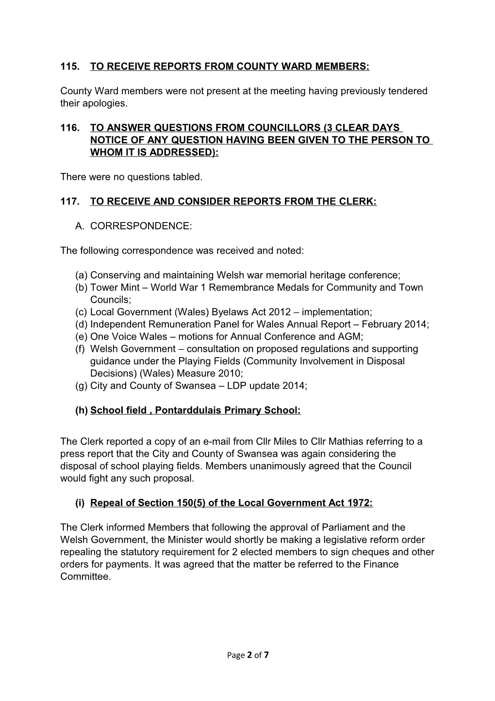Minutes of the Pontarddulais Town Council Meeting Held on the 6Th March 2014