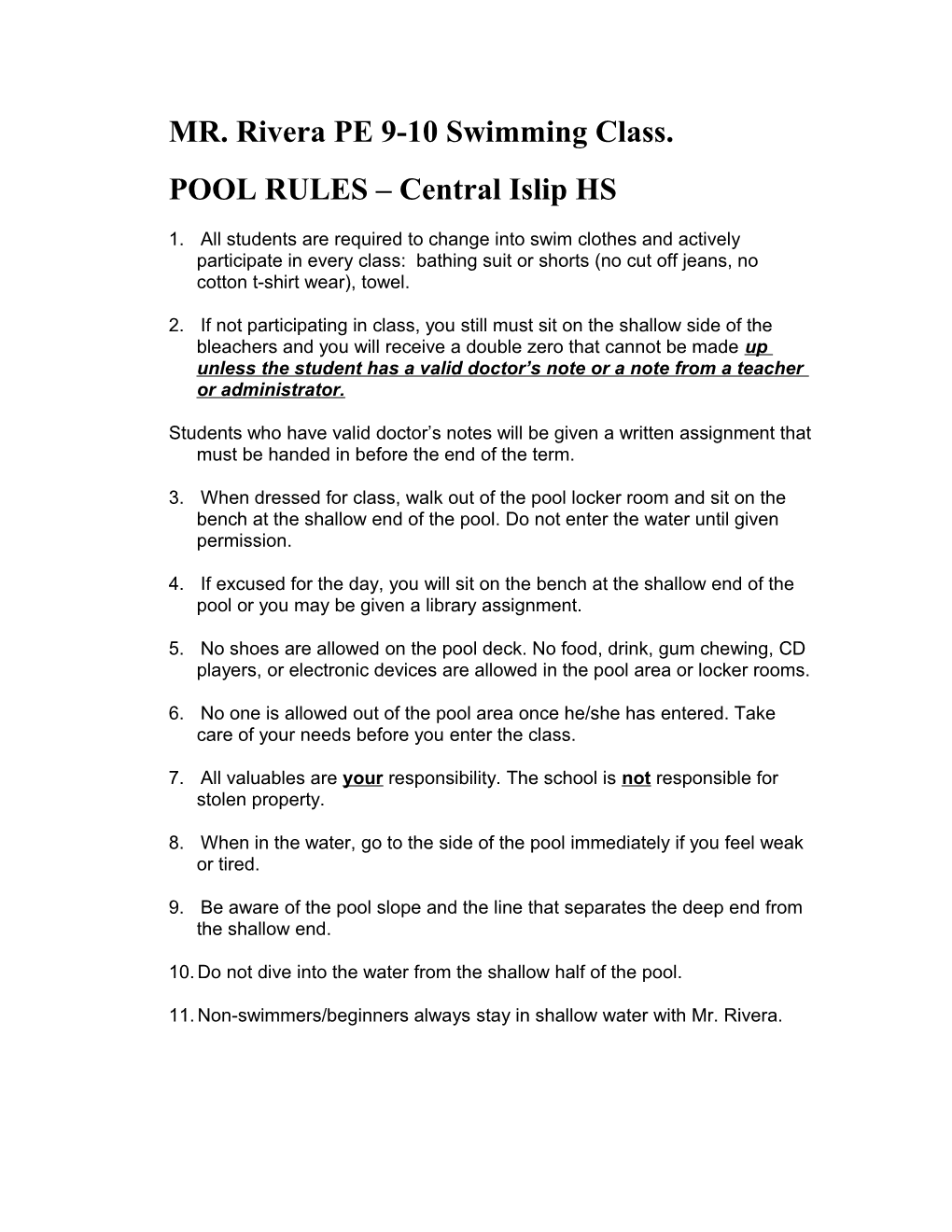 POOL RULES Central Islip HS