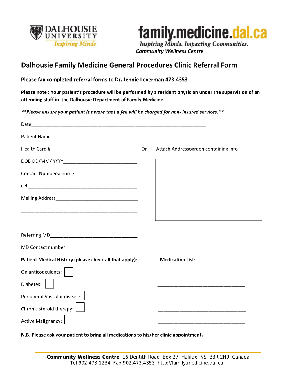 Dalhousie Family Medicine General Procedures Clinic Referral Form