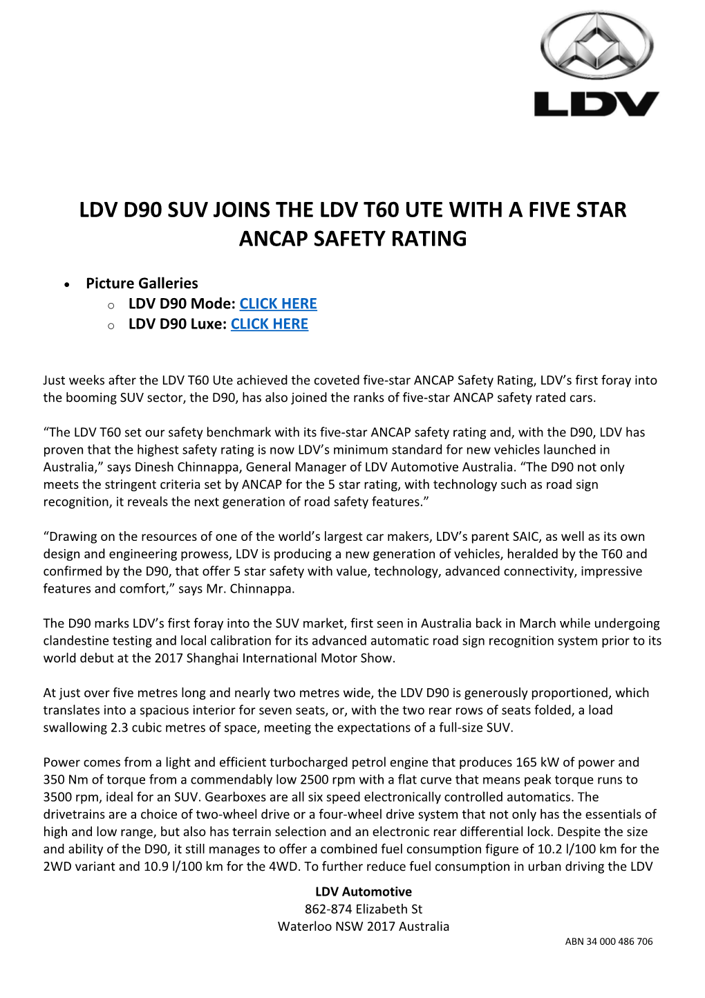 LDV D90 Suv Joins the Ldv T60 UTE with a Five Star Ancap SAFETY Rating