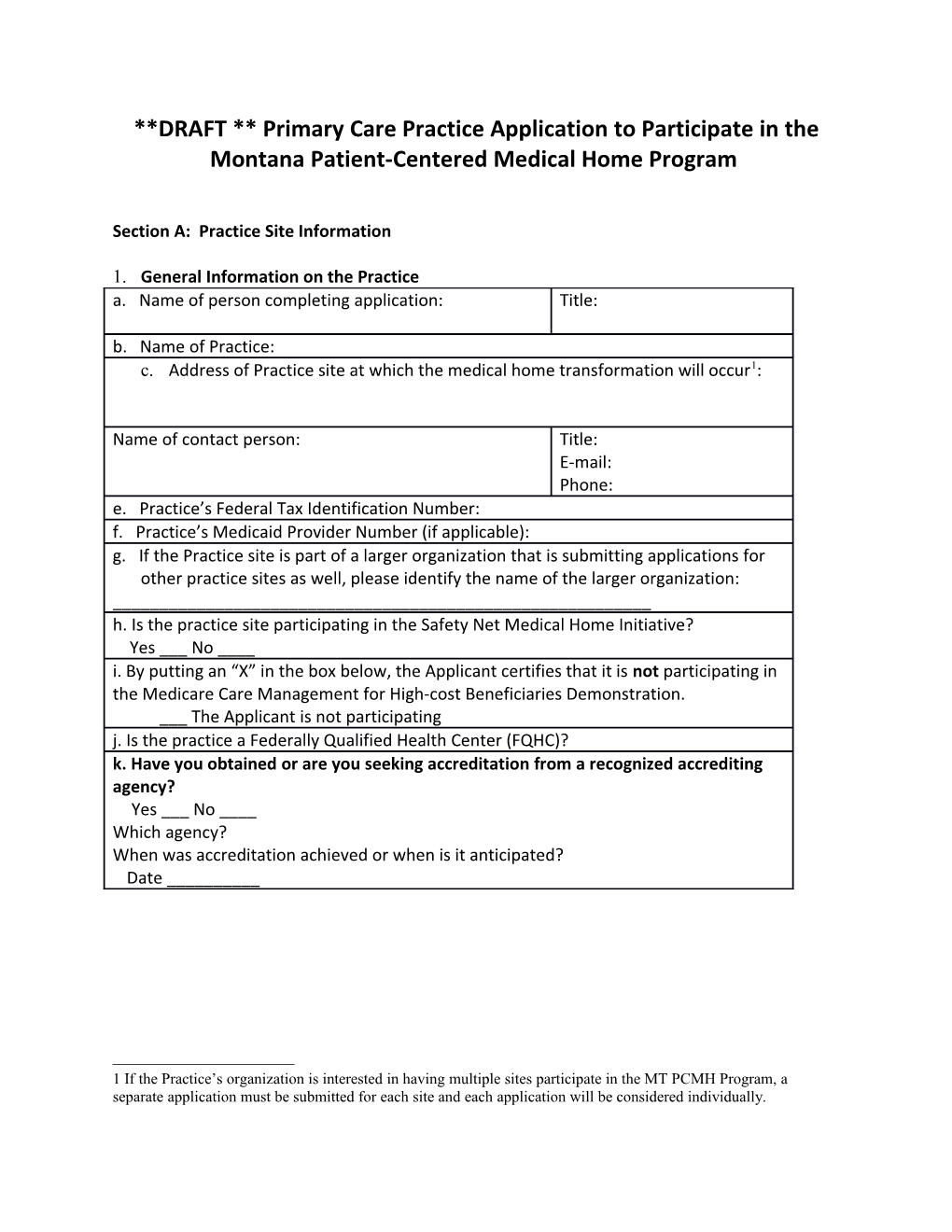 DRAFT Primary Care Practice Application to Participate in The