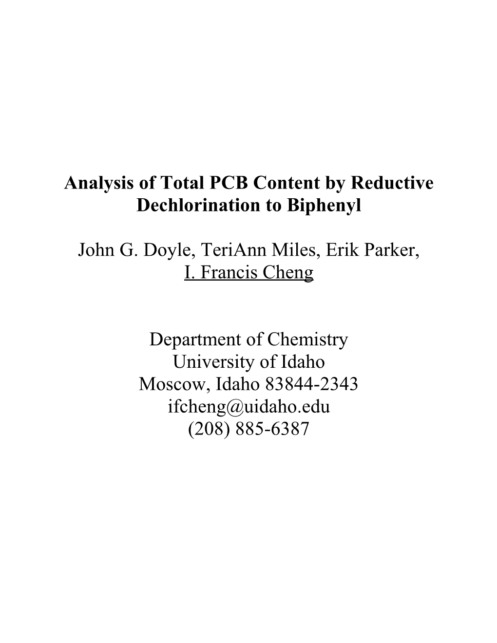 Analysis of Total PCB Content by Reductive Dechlorination to Biphenyl