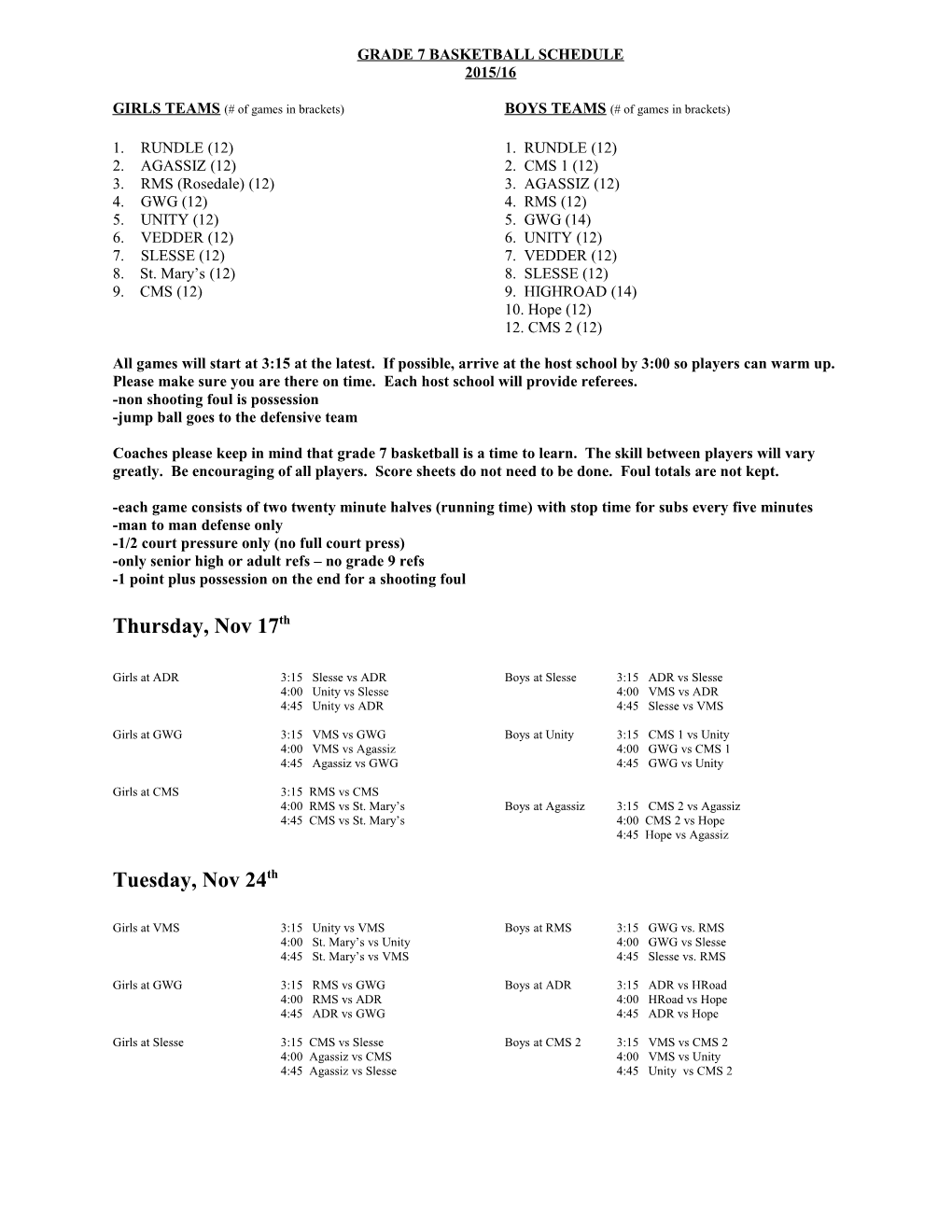 Grade 7 Basketball Schedule