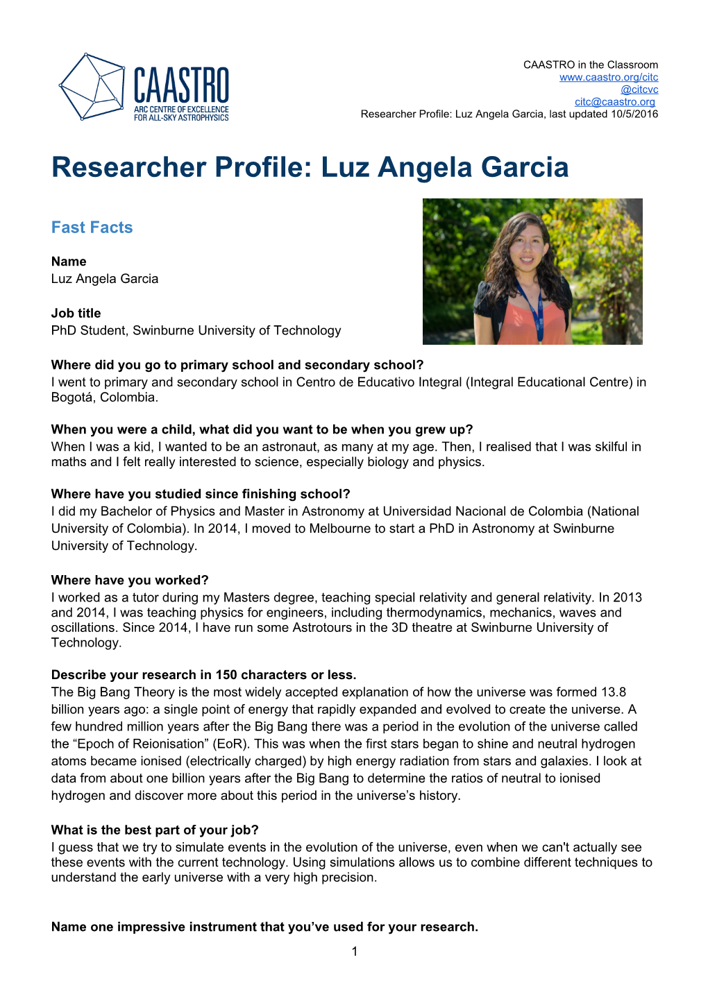 Researcher Profile: Luz Angela Garcia, Last Updated 10/5/2016