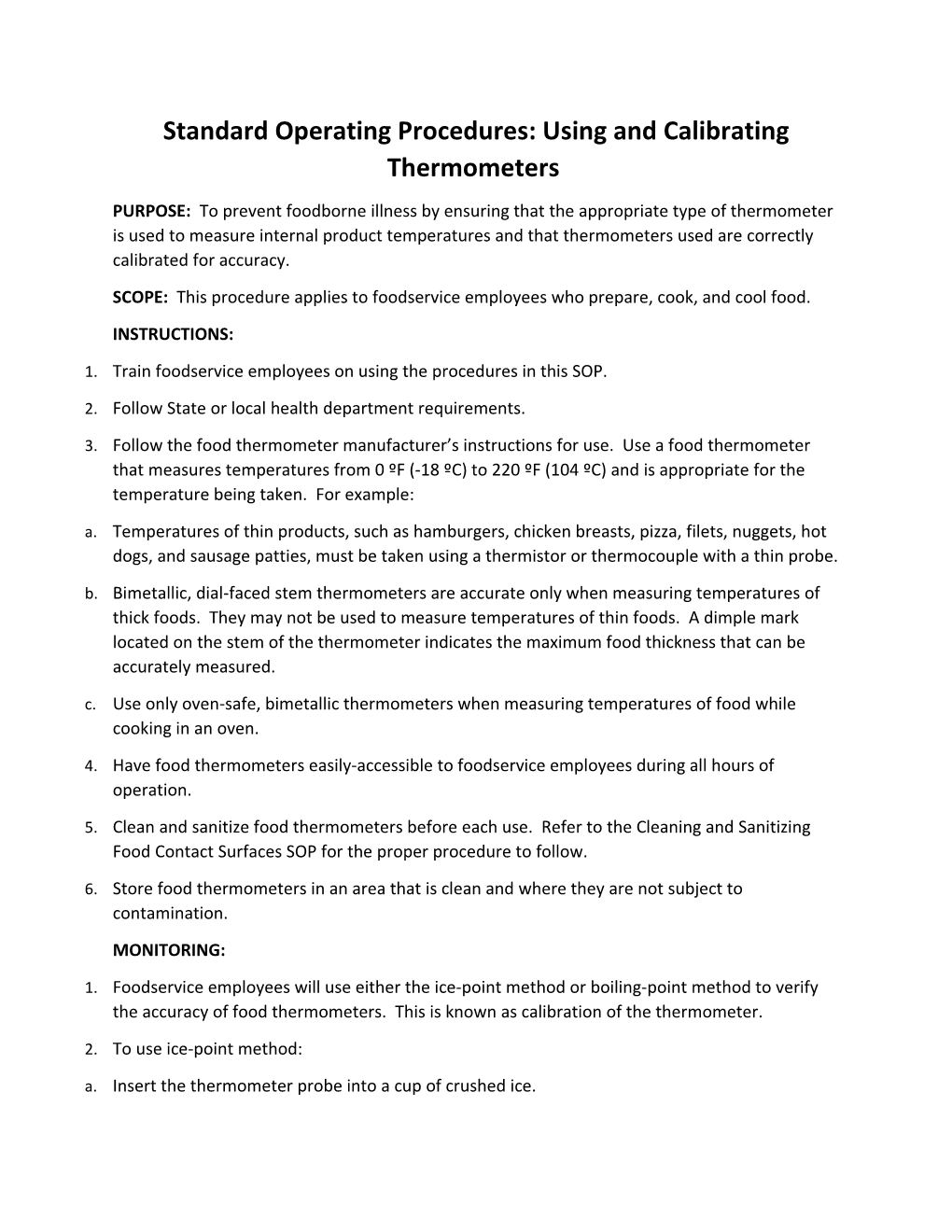 Standard Operating Procedures: Using and Calibrating Thermometers