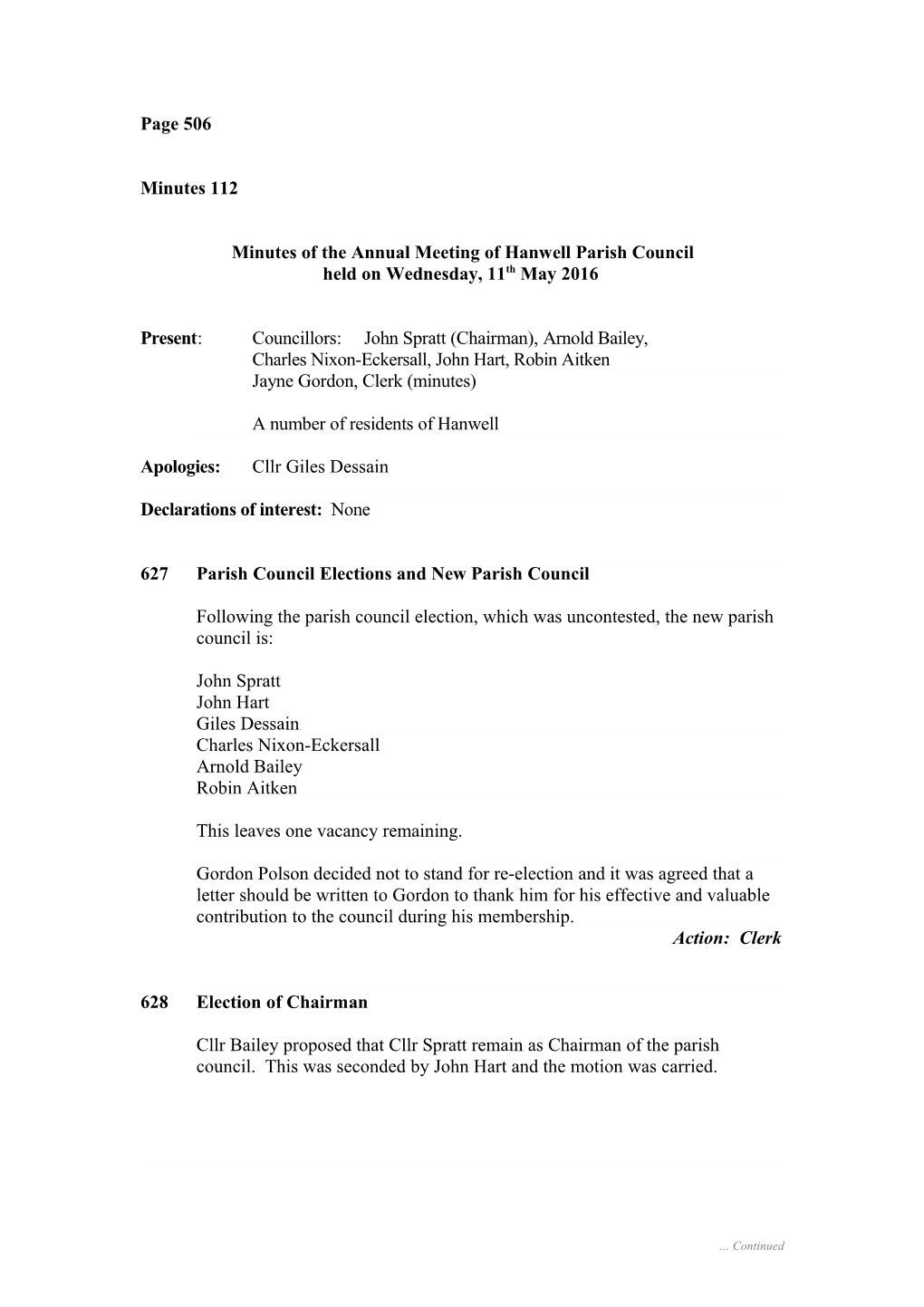 Minutes of the Annual Meeting of Hanwell Parish Council