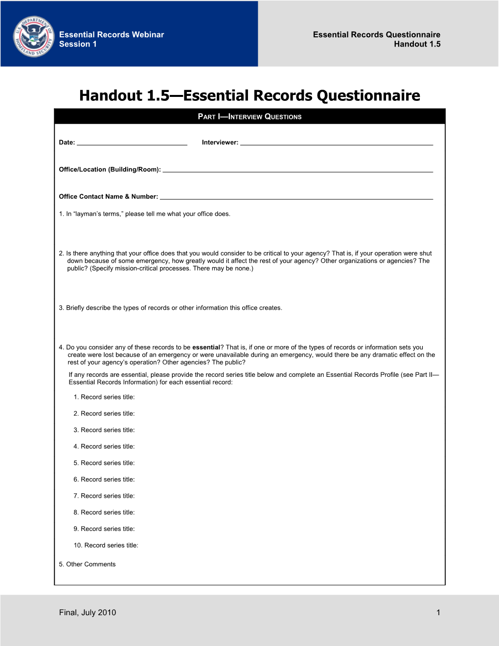 Handout 1.5: Essential Records Questionnaire