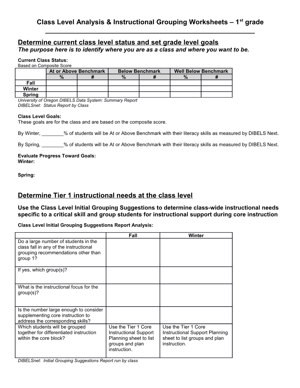Class Level Analysis & Instructional Grouping Worksheets 1St Grade