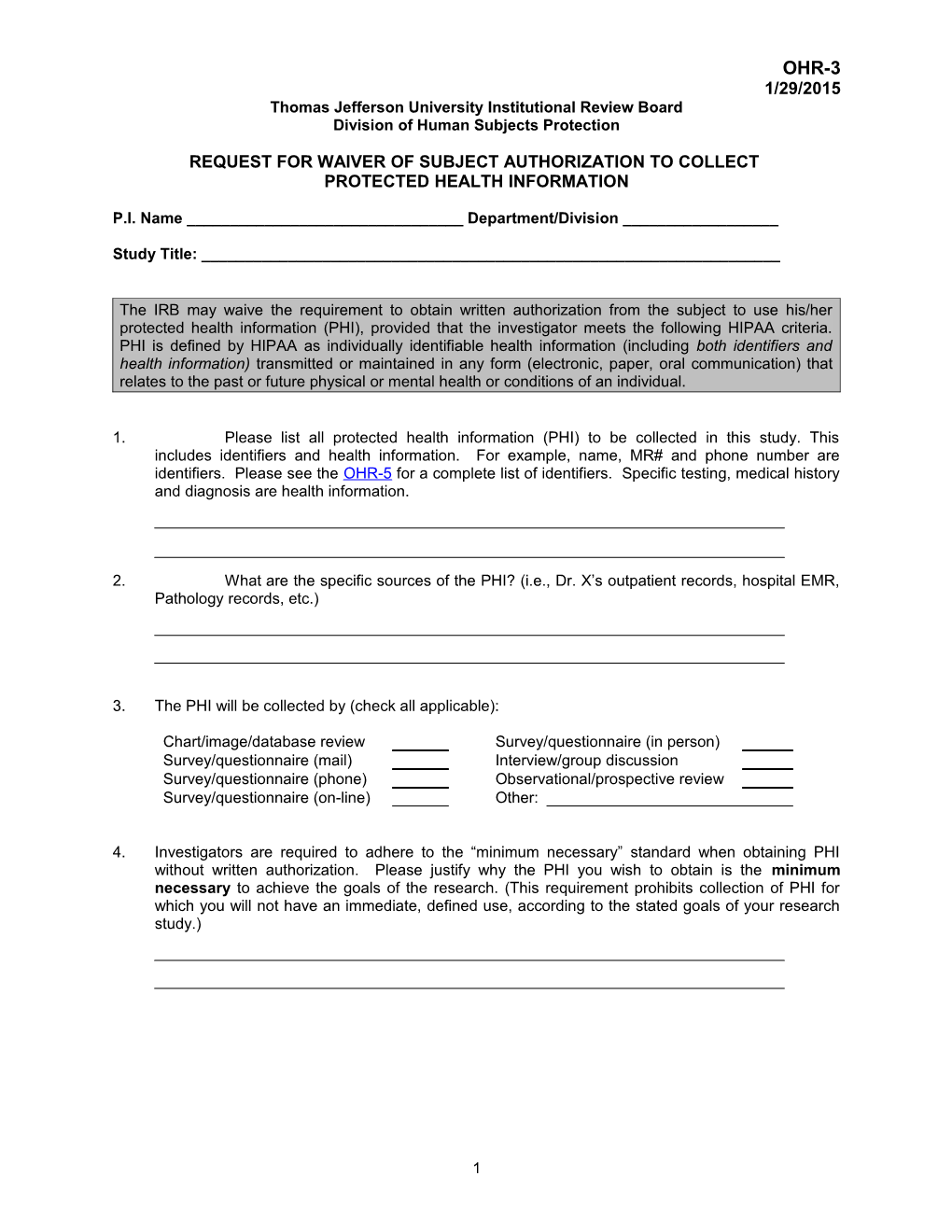 Hipaa Irb Waiver of Authorization to Collect Phi*