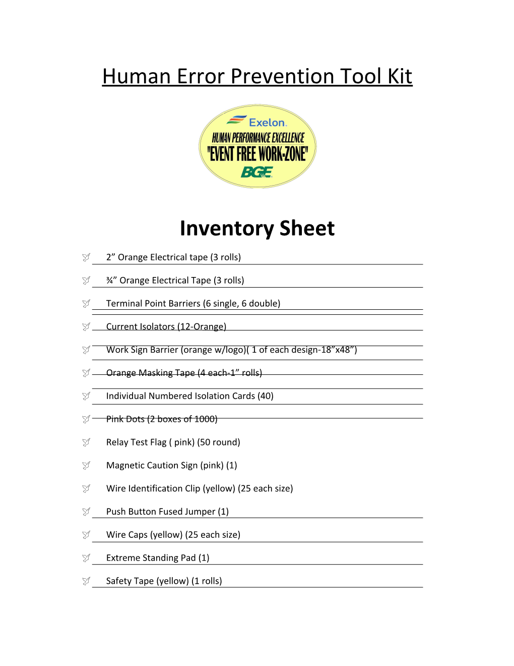 BGE - Human Error Prevention Tool Kit Inventory Sheet