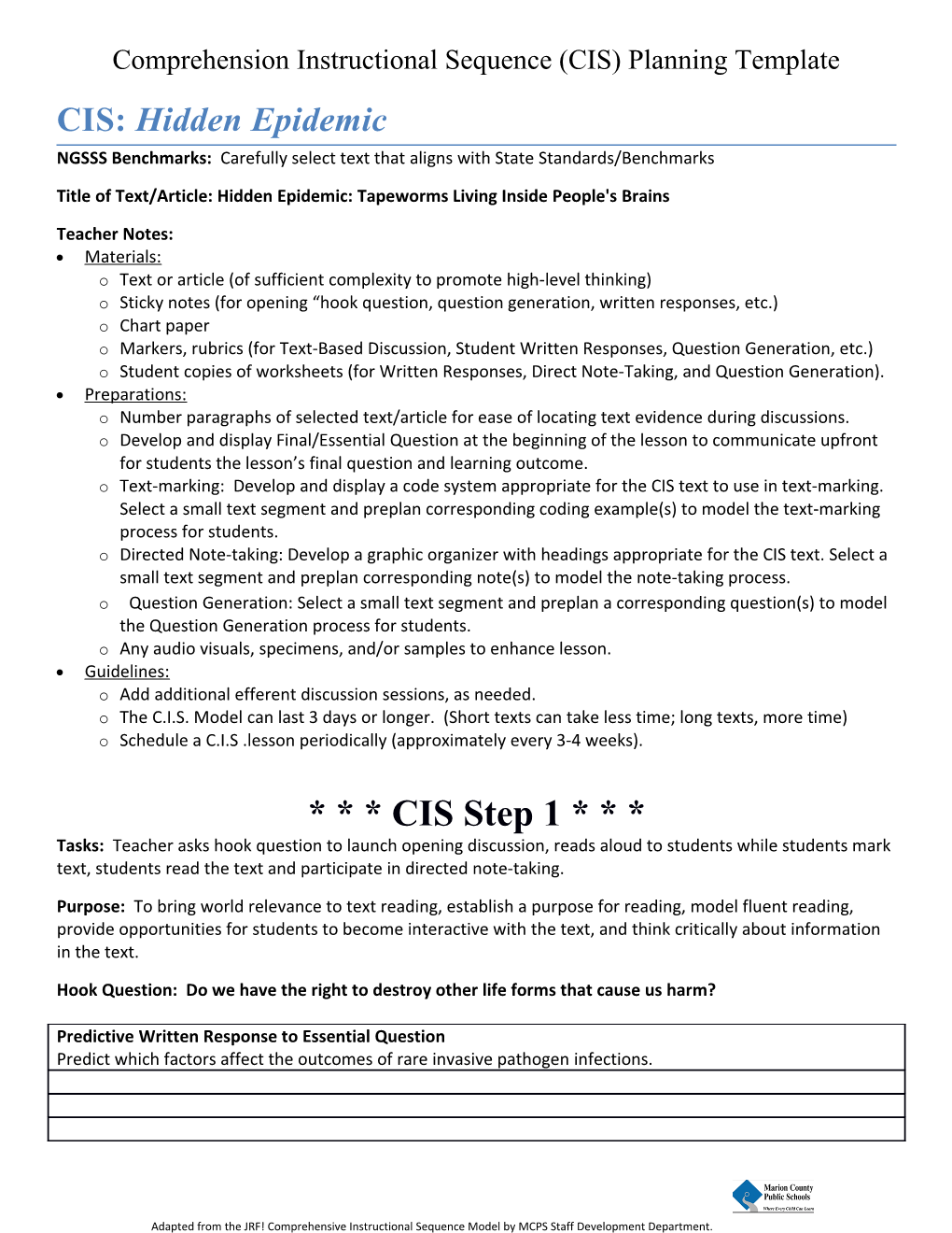 Comprehension Instructional Sequence (CIS) Planning Template