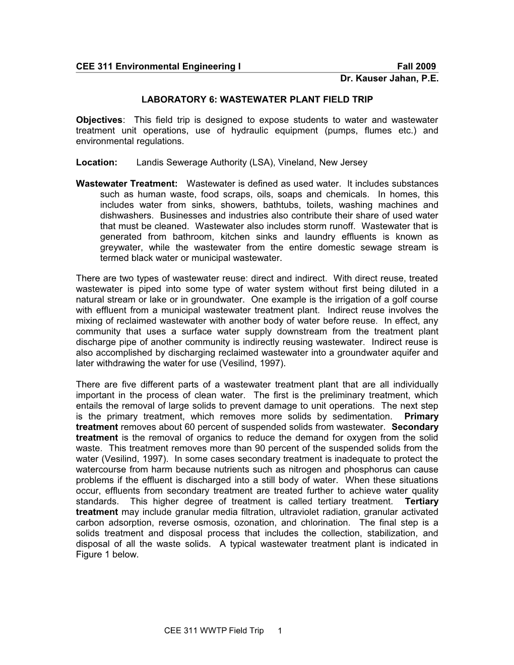 CE 491 Wastewater Treatment and Design Fall 1999