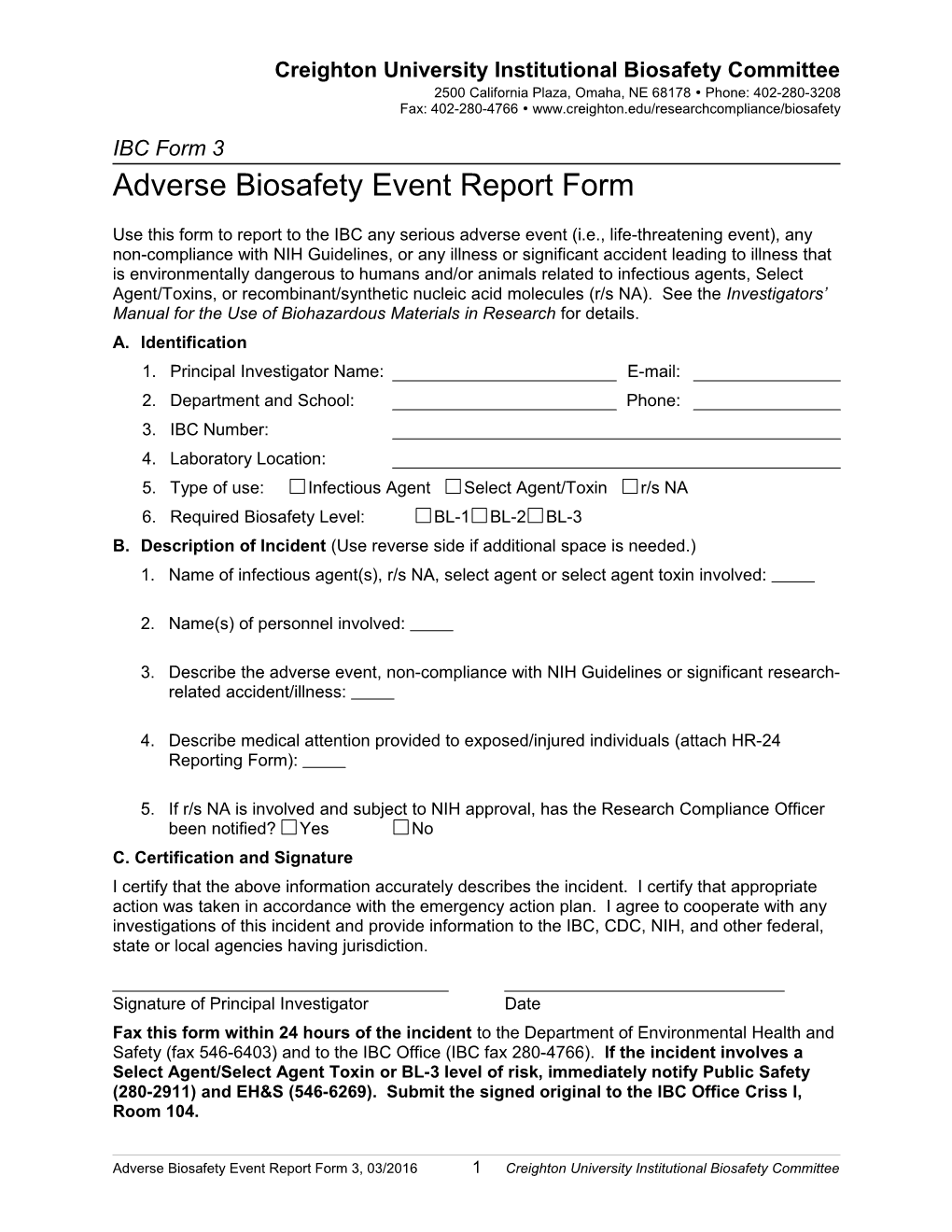 Adverse Biosafety Event Report Form