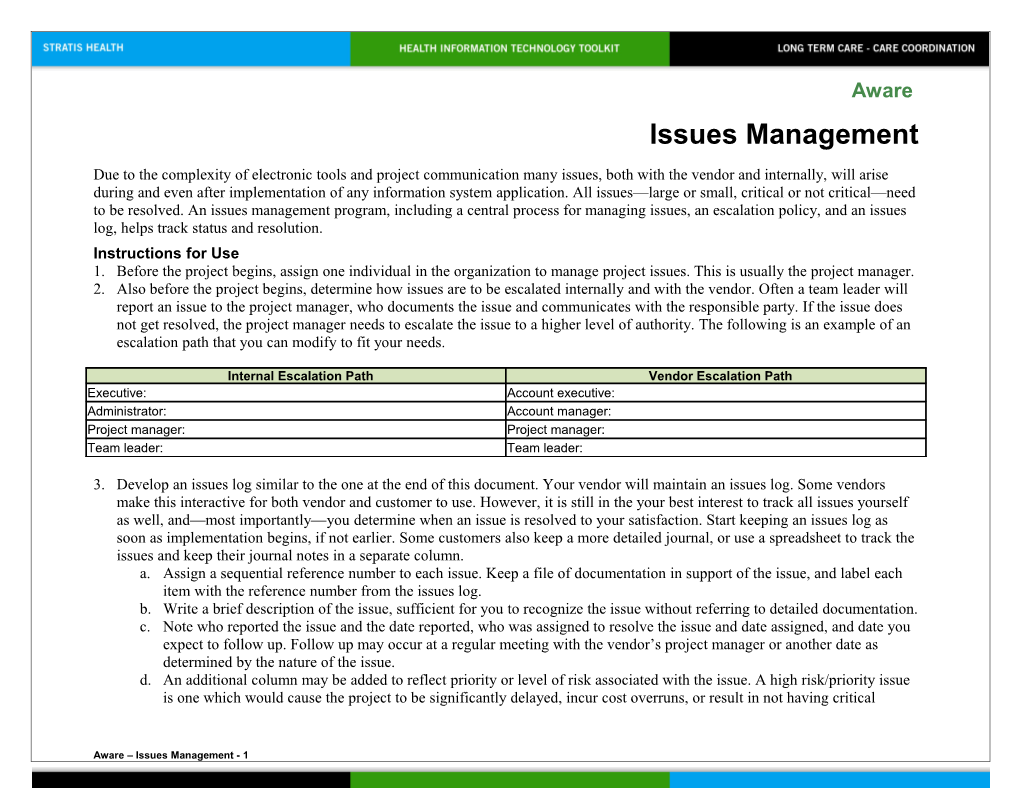 Issues Management Health Information Technology Toolkit for Long Term Care - Care Coordination