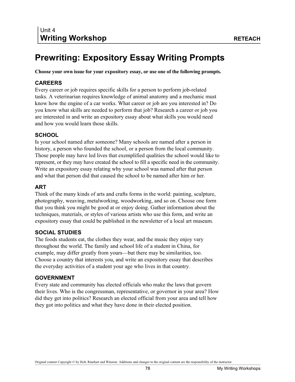 Prewriting: Expository Essay Writing Prompts
