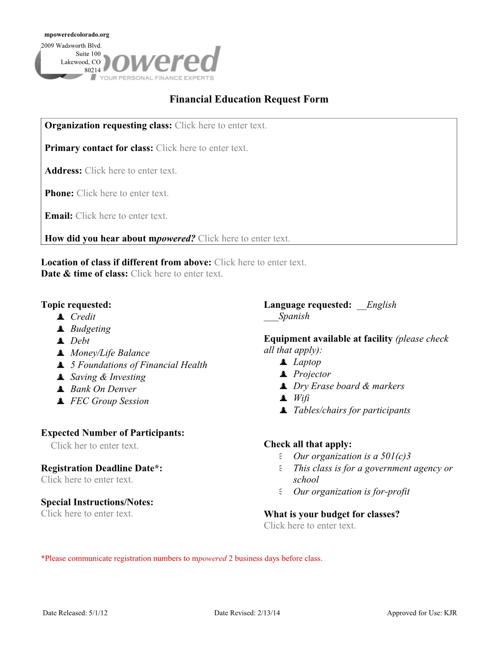 Financial Education Request Form