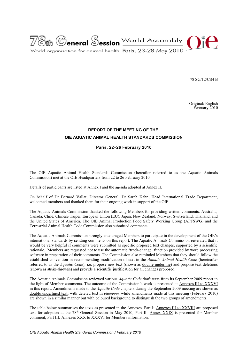 Report of the Meeting of the Oie Aquatic Animal Health Standards Commission