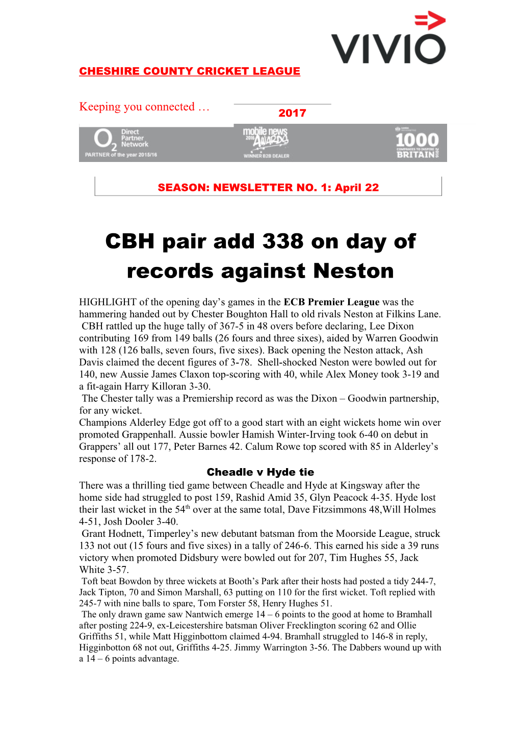 CBH Pair Add 338 on Day of Records Against Neston