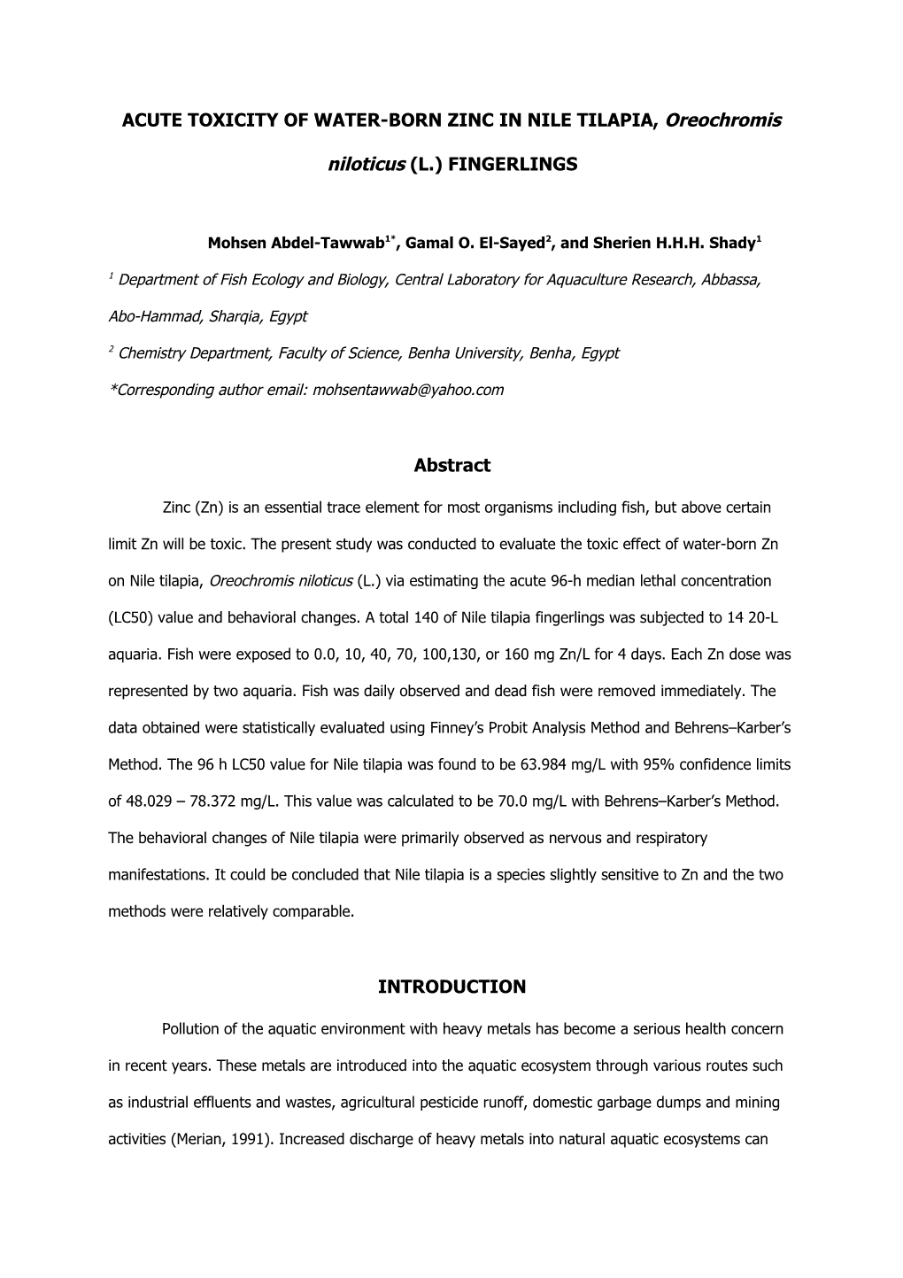 Acute Toxicity of Zinc in Nile Tilapia Fingerlings