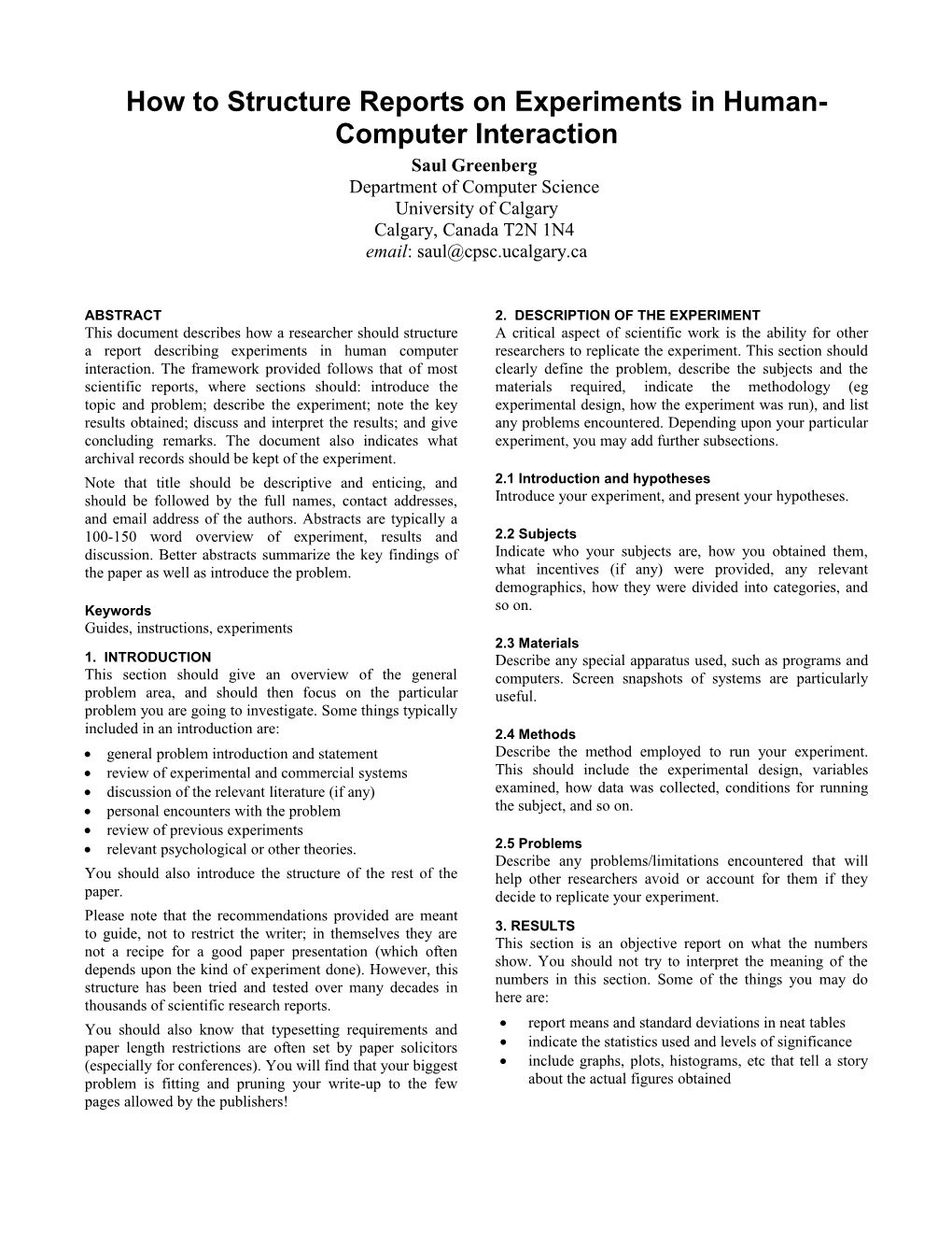 How to Structure Reports on Experiments in Human-Computer Interaction