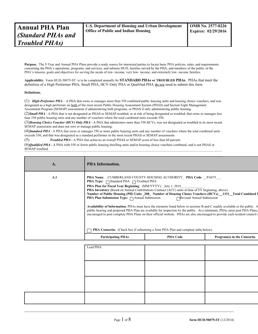 Page 1 of 8 Form HUD-50075-ST (12/2014)