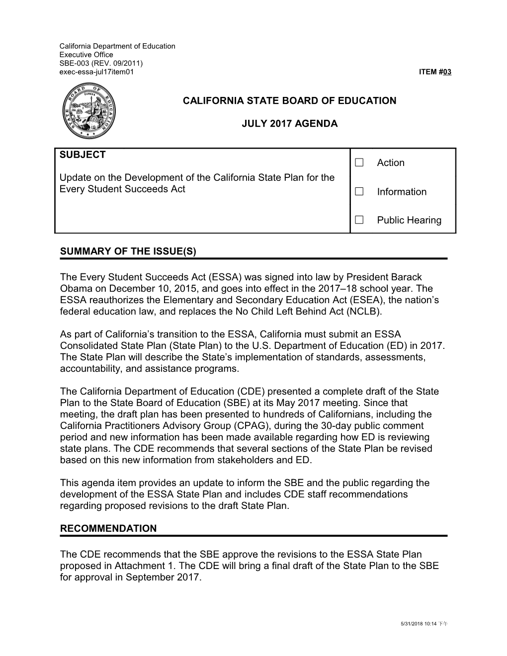July 2017 Agenda Item 03 Revised - Meeting Agendas (CA State Board of Education)