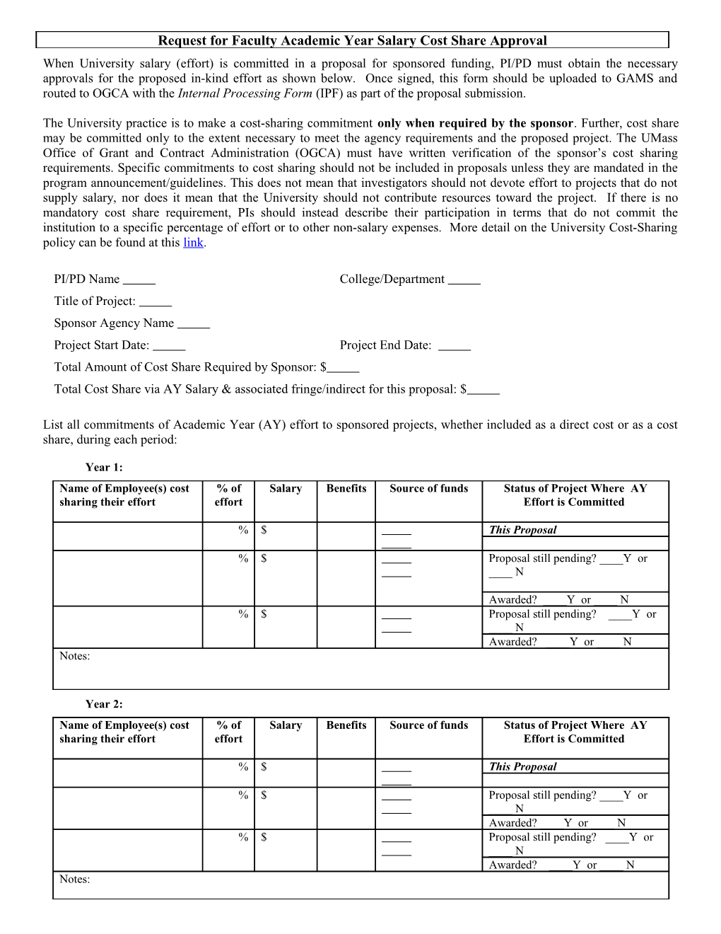 Pre-Award Request for Cost Sharing Approval