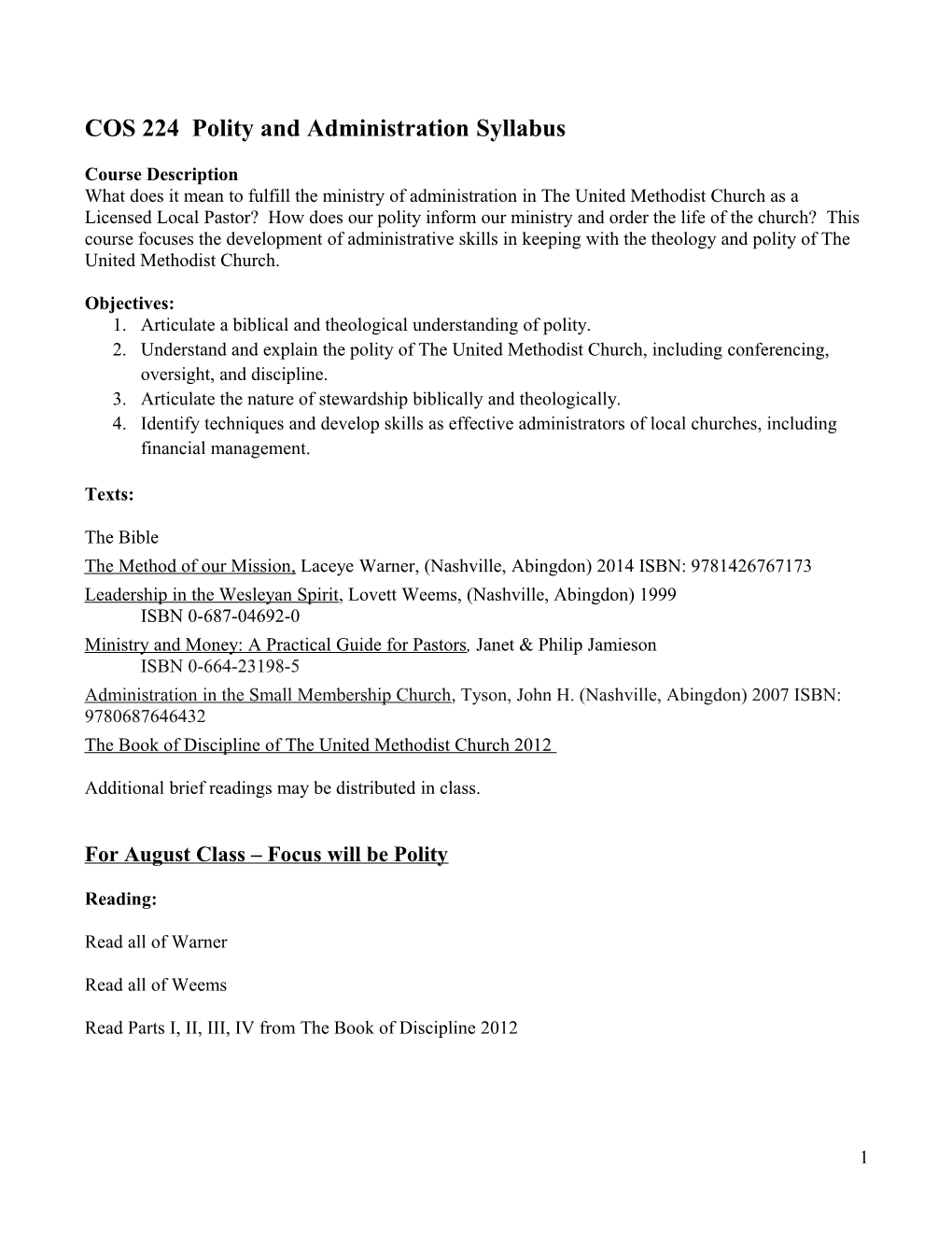 COS 224 Polity and Administration Syllabus