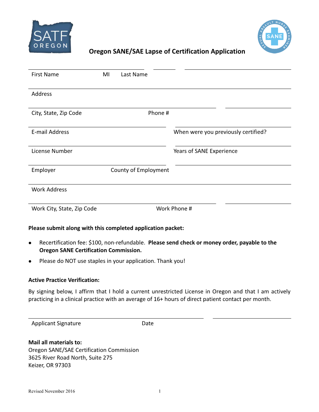 Oregon SANE/SAE Certification Application